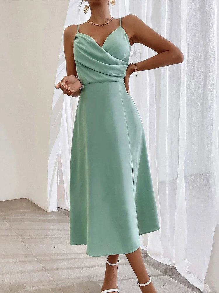Elegant Spaghetti Strap Pleated Leg Slit Dress Simple atmospheric beautiful and unique desi