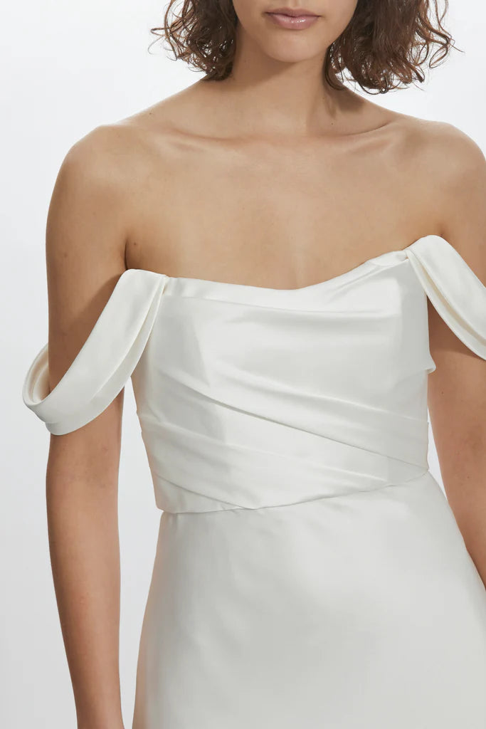 Fluid satin off-the-shoulder draped bodice bias cut dress spheric beautiful and unique desig
