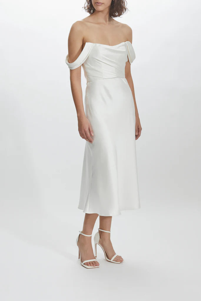 Fluid satin off-the-shoulder draped bodice bias cut dress spheric beautiful and unique desig