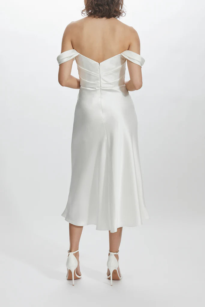 Fluid satin off-the-shoulder draped bodice bias cut dress spheric beautiful and unique desig