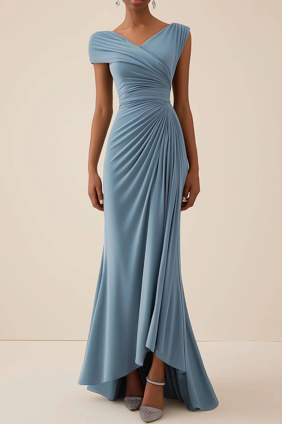 Simple beautiful generous and full of charm Prom Dress Wedding Guest Dresses Light Blue Pleated Maxi Mother of Bride Dresses