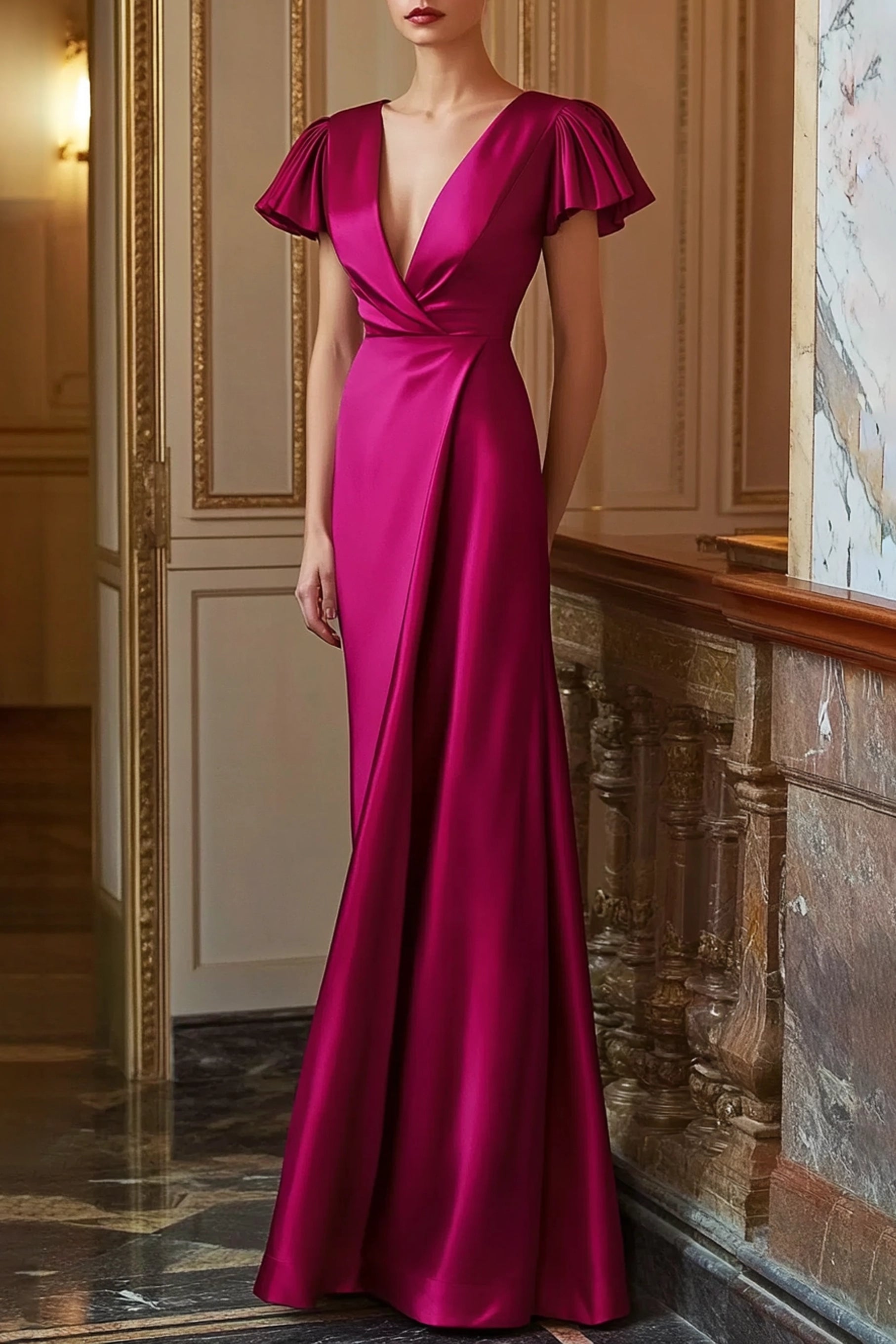 Formal Evening Dress Fuchsia Deep V Satin Floor Dress