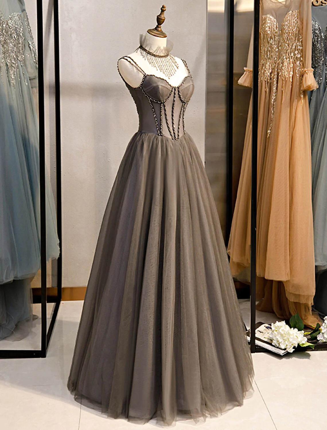A-Line Prom Dresses Open Back Dress Formal Wedding Guest Floor Length Sleeveless Spaghetti Strap Tulle with Pleats CrystalsSimple atmospheric beautiful and unique desig
