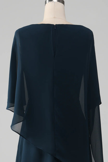Navy A-Line Scoop Tea-Length Chiffon Mother of the Bride Dress