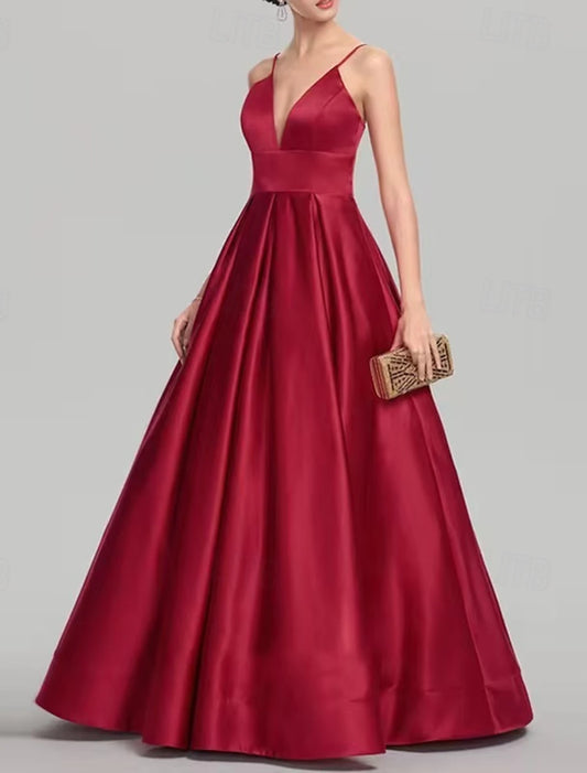 Evening Gown Elegant Dress Evening Party Black Tie Gala Sweep Brush Train Sleeveless V Neck Wednesday Addams Family Cotton Backless with Pleats
