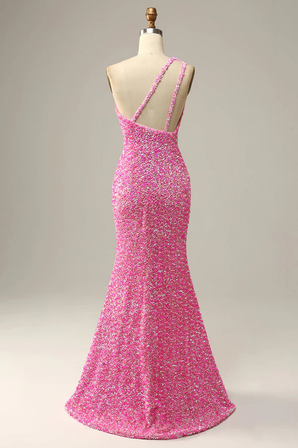 Fuchsia Sequined One Shoulder Mermaid Prom Dress With Slit Simple gentle atmospheric and unique design