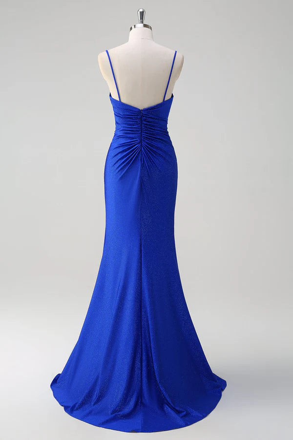 Glitter Royal Blue Mermaid Spaghetti Straps Ruched Long Prom Dress With Slit simple gentle atmospheric and unique desi