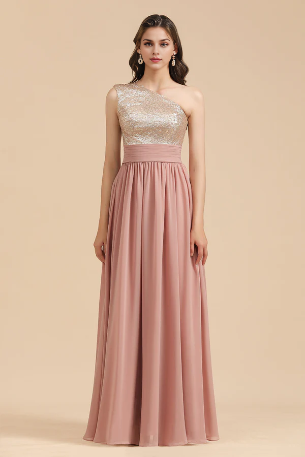 One Shoulder Sequins Dusty Rose Bridesmaid Dresses Simple gentle atmospheric and unique design