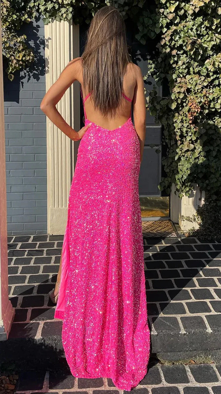 Sexy Mermaid Beautiful elegant and unique design Prom Dress Hot Pink Sequin Prom Dress Mermaid Split Evening Gown