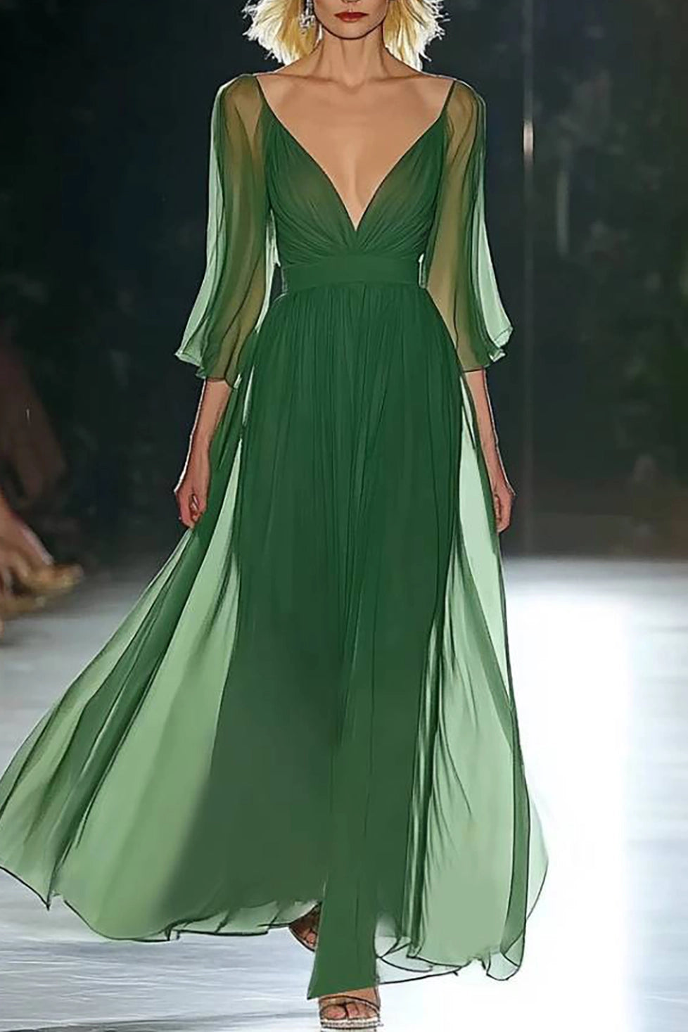 acation Dress Green Chiffon Deep V Maxi Dress Simple beautiful generous and full of charm