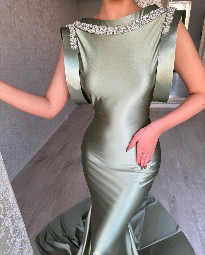 Gorgeous Long Dusty Sage Mermaid Dress Sleeveless Satin With Rhinestone Embellishments Simple gentle atmospheric and unique design