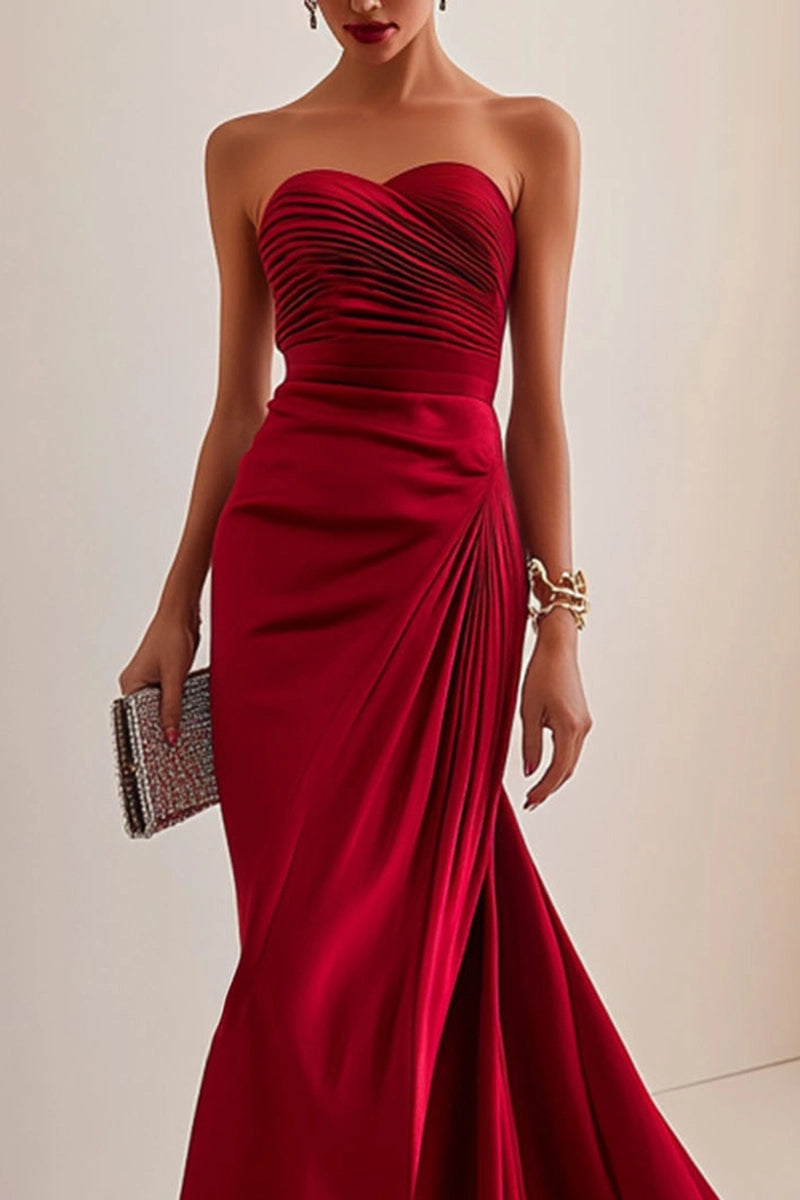 Simple beautiful generous and full of charm Elegant Formal Red Maxi Prom Dress Strapless Evening Gown