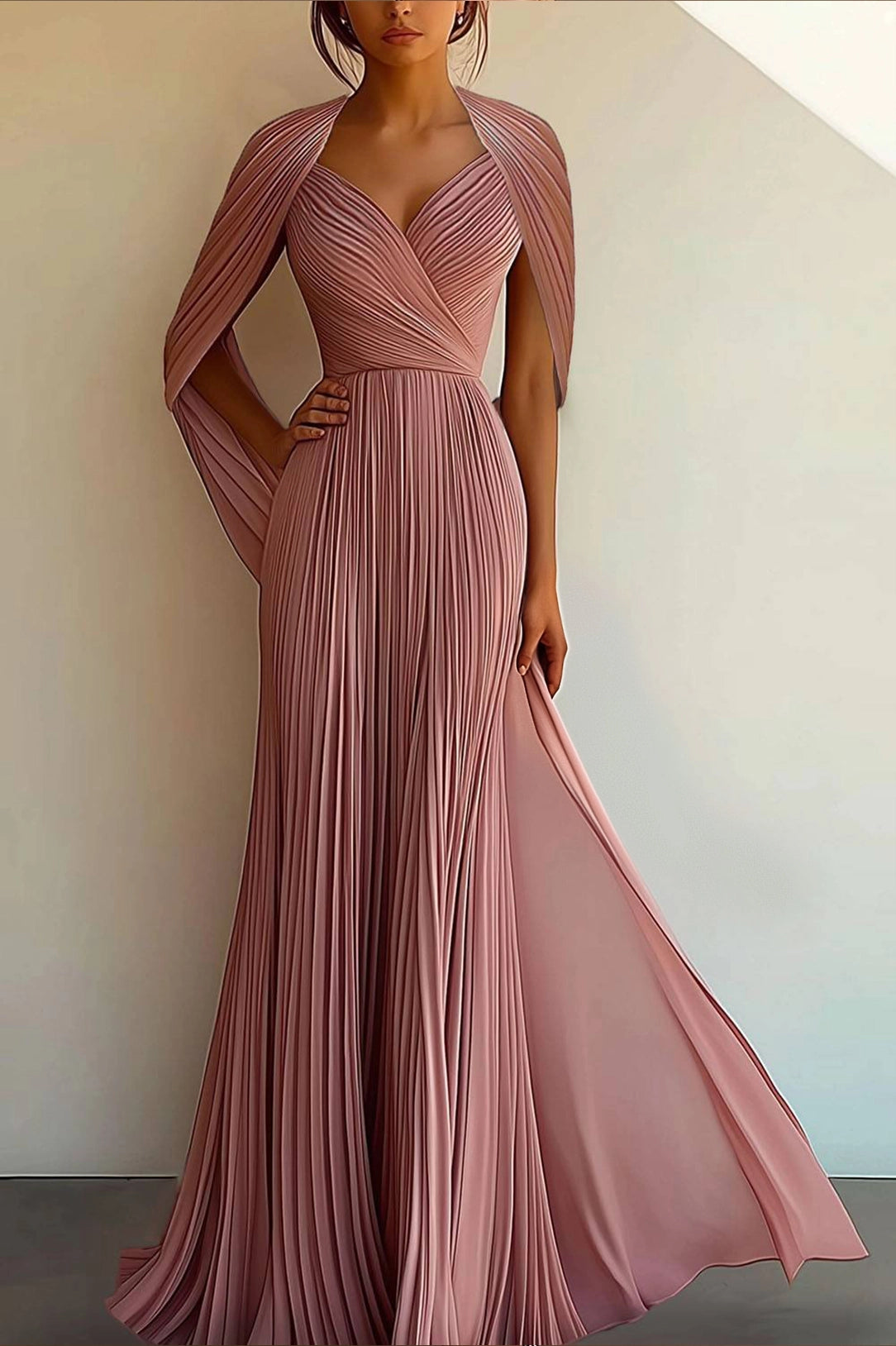 Simple beautiful generous and full of charm Party Prom Dress Pleated Cross V-neck Cape Sleeve Floor-length Gown