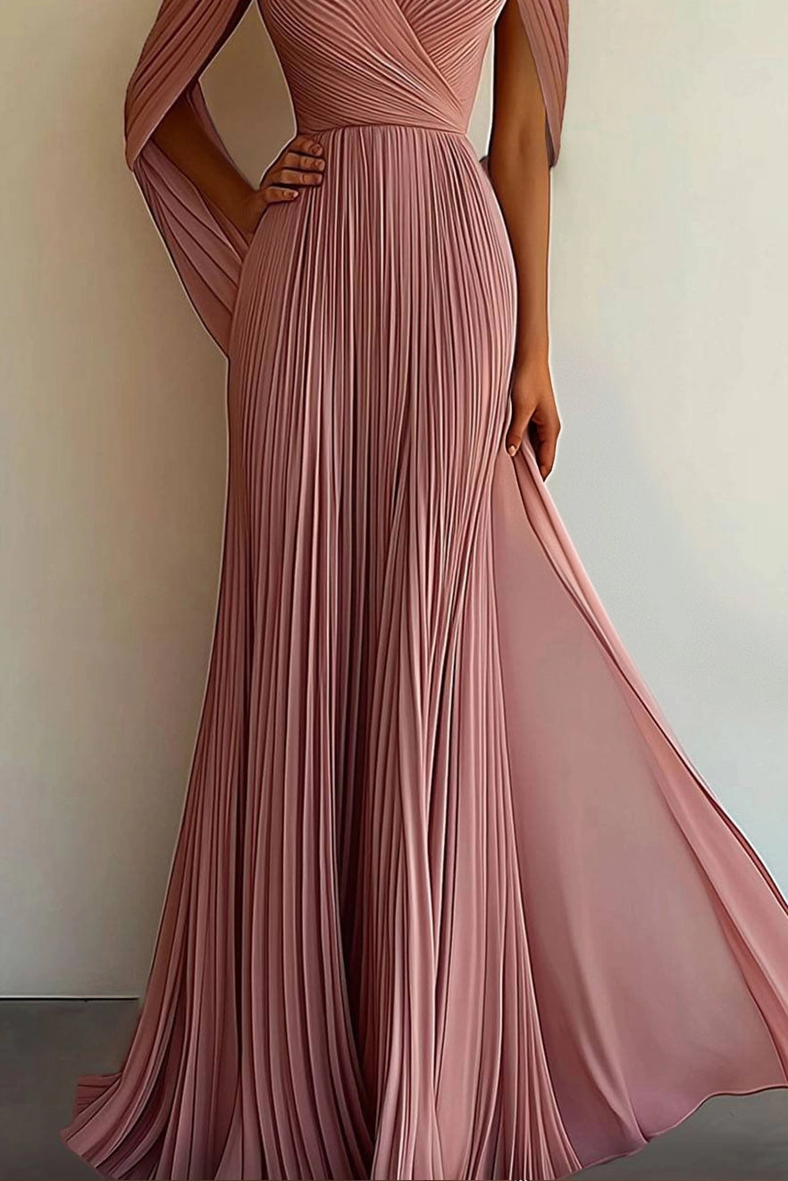 Simple beautiful generous and full of charm Party Prom Dress Pleated Cross V-neck Cape Sleeve Floor-length Gown