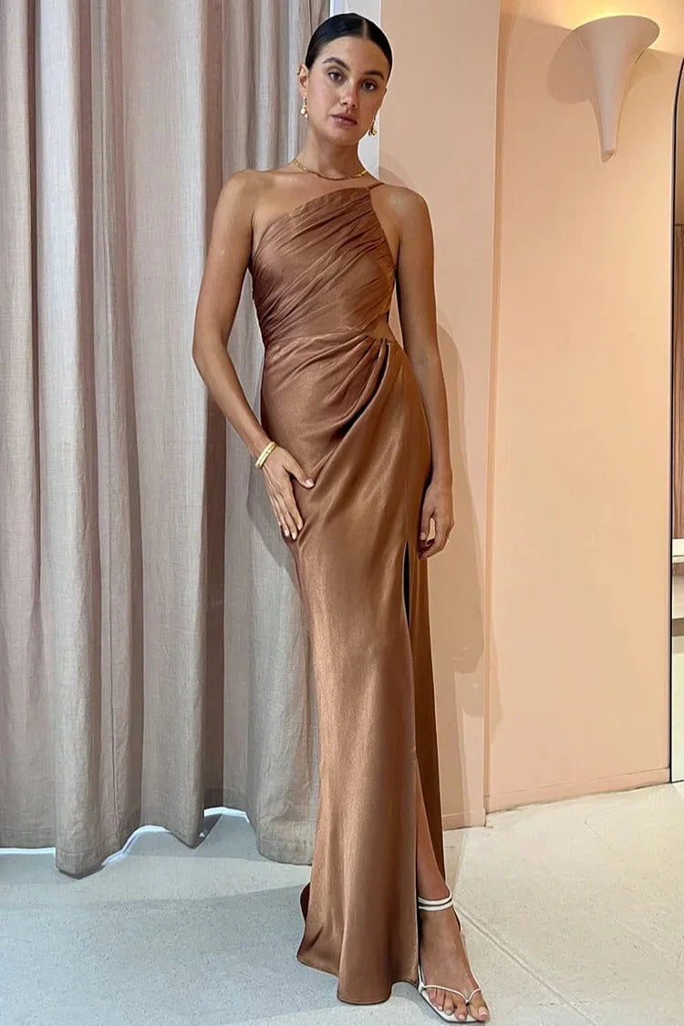 One Shoulder High Slit Ruched Evening Gown Cami Maxi Dress Simple atmospheric beautiful and unique desi