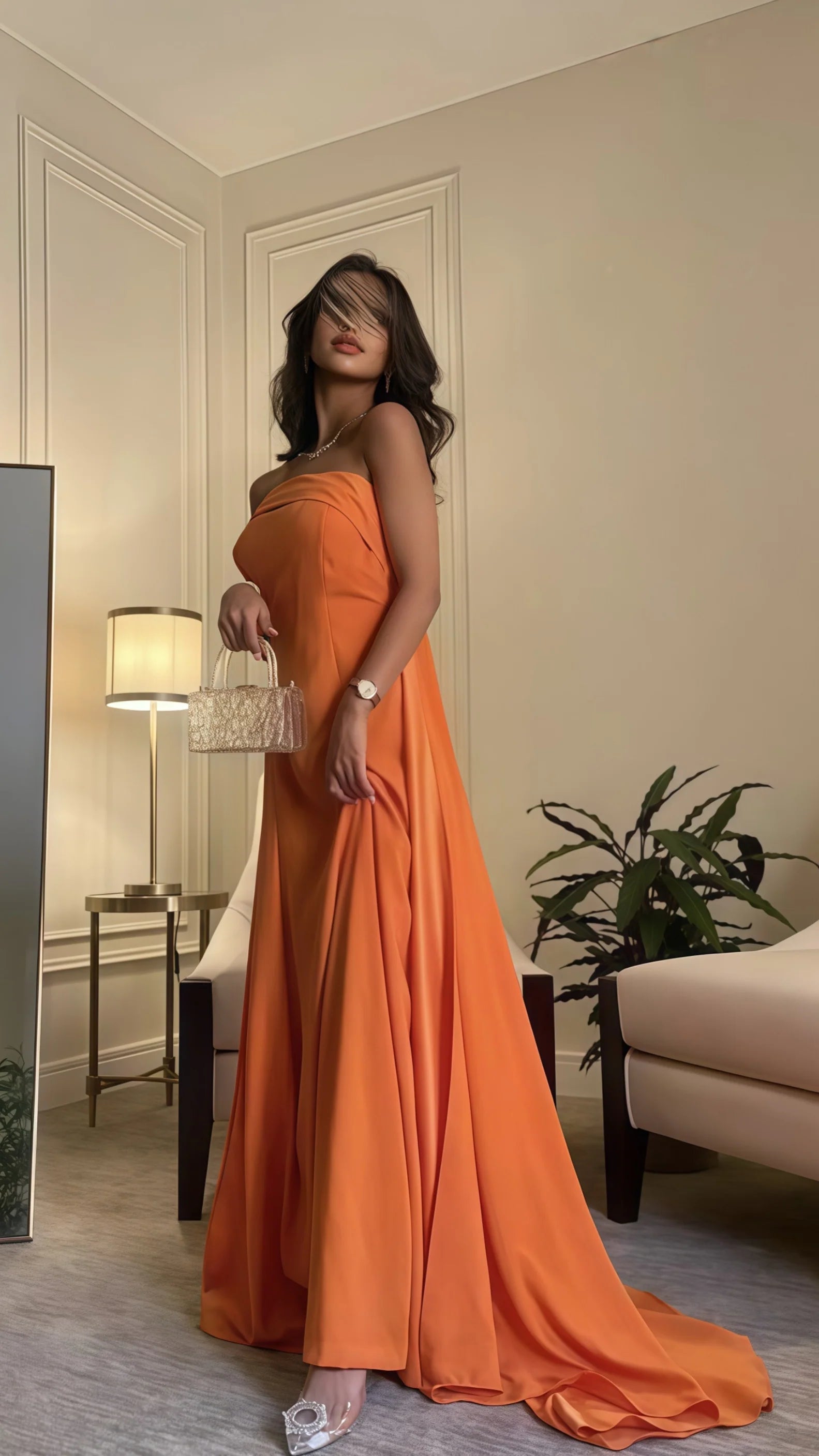 Sexy Mermaid Beautiful elegant and unique design Prom Dress Strapless Orange A-Line Prom Dress, Sleeveless Long Evening Dress