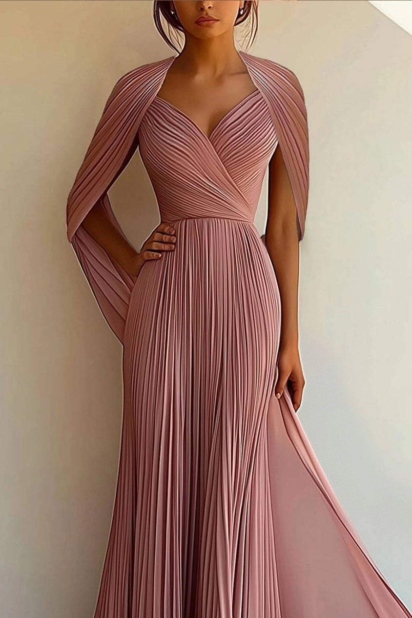 Simple beautiful generous and full of charm Party Prom Dress Pleated Cross V-neck Cape Sleeve Floor-length Gown