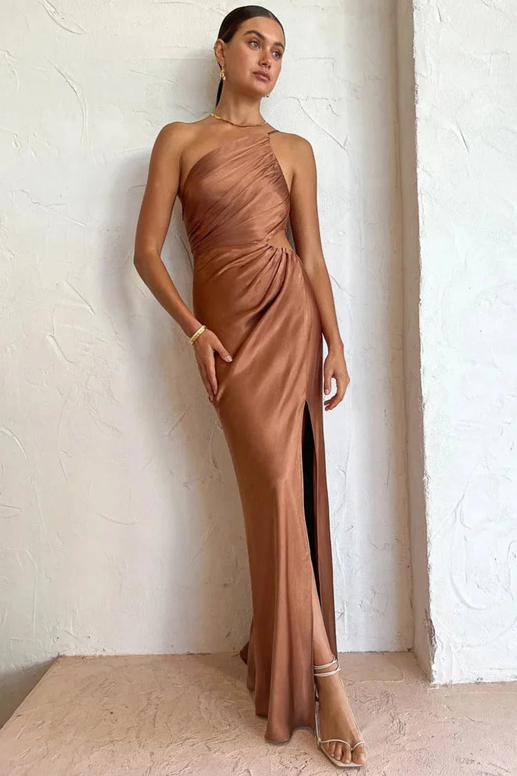 One Shoulder High Slit Ruched Evening Gown Cami Maxi Dress Simple atmospheric beautiful and unique desi