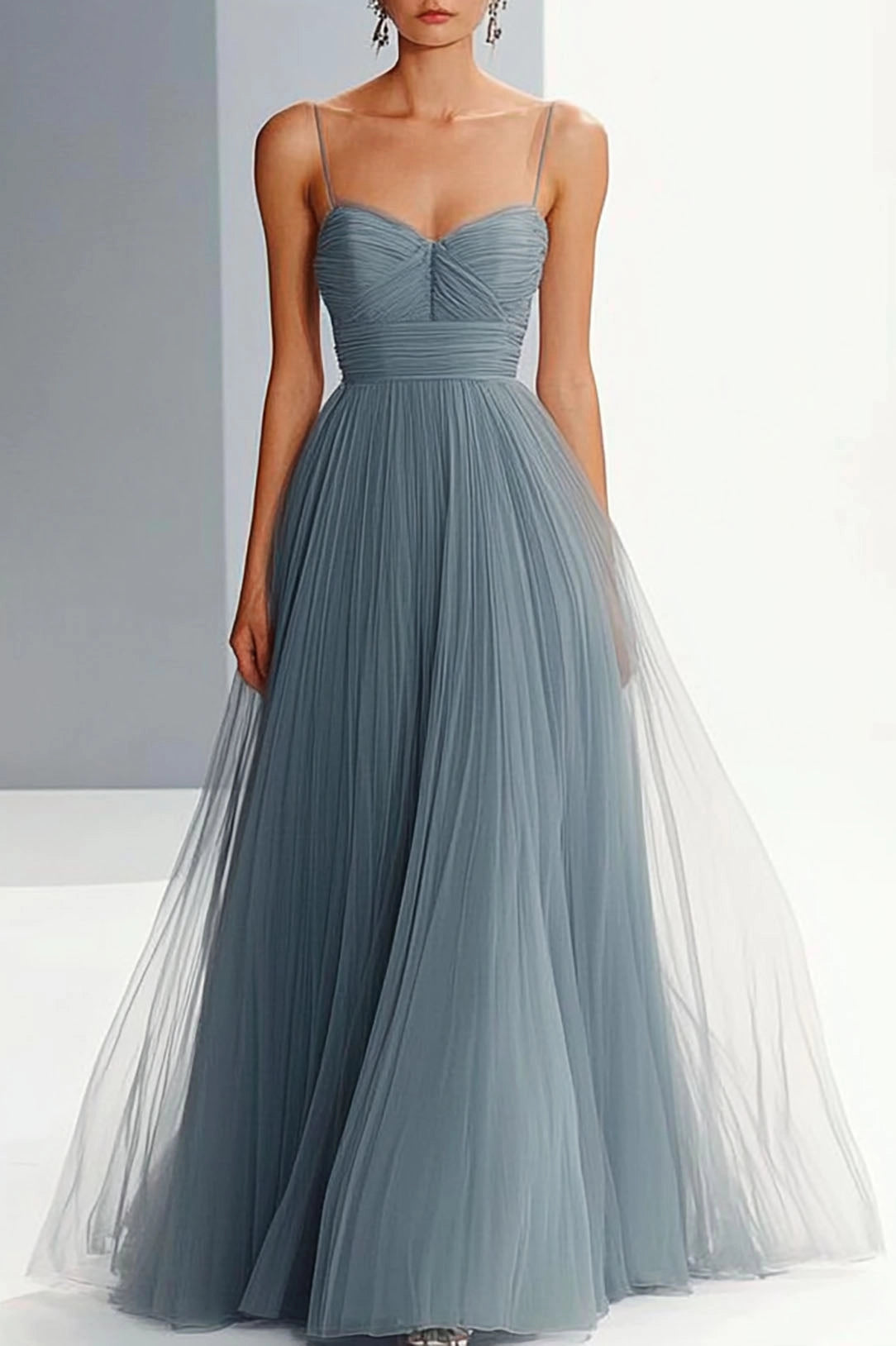 Simple beautiful generous and full of charm Prom Party Slip Dress Grey Blue Pleated Mesh Maxi Dress