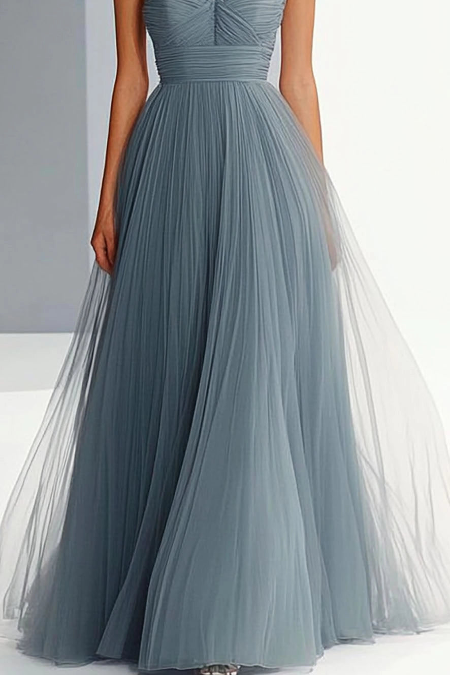 Simple beautiful generous and full of charm Prom Party Slip Dress Grey Blue Pleated Mesh Maxi Dress