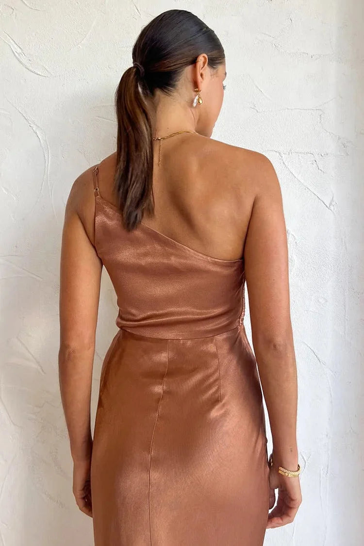 One Shoulder High Slit Ruched Evening Gown Cami Maxi Dress Simple atmospheric beautiful and unique desi
