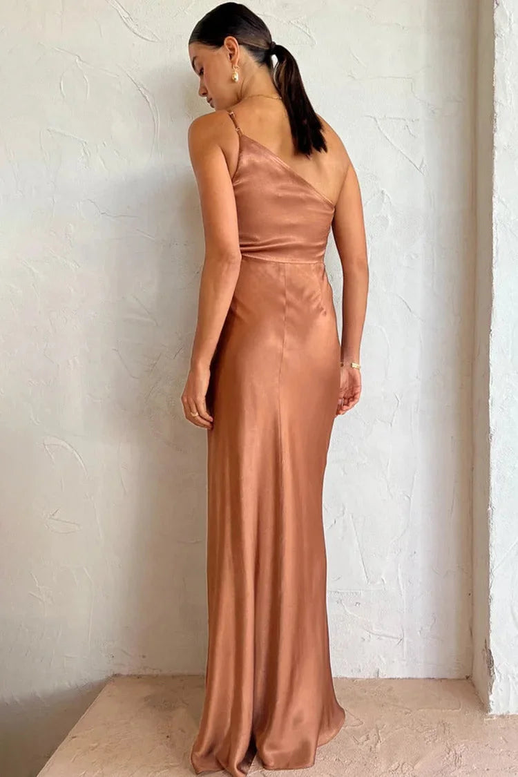 One Shoulder High Slit Ruched Evening Gown Cami Maxi Dress Simple atmospheric beautiful and unique desi