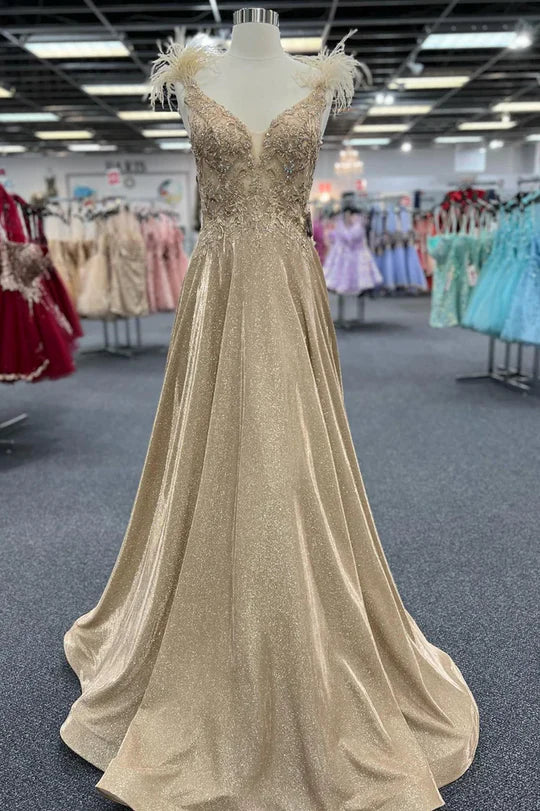 A-Line V-Neck Appliques Feathers Pleated Glitter Prom Formal Dress