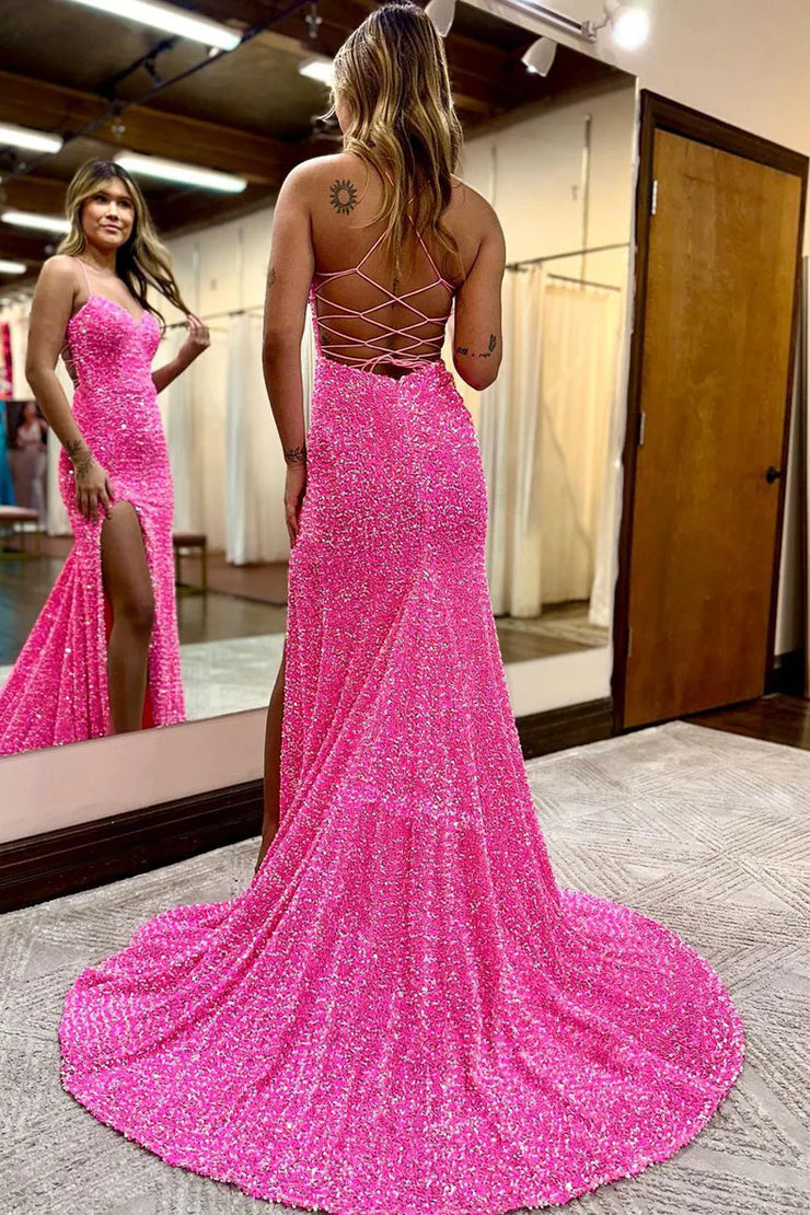 Cute Mermaid Sweetheart Pink Velvet Sequins Prom Dresses with Slit