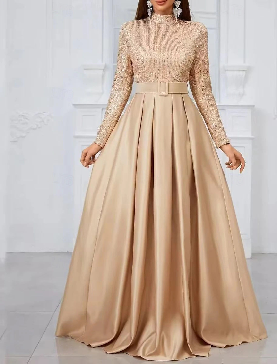 Evening Gown Elegant Dress Evening Party Black Tie Gala Court Train Long Sleeve Stand Collar Belt Sash Cotton Blend Cowl Back with Buttons Sequin