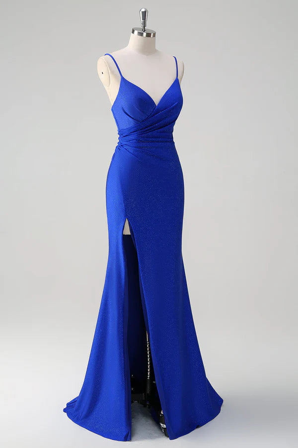 Glitter Royal Blue Mermaid Spaghetti Straps Ruched Long Prom Dress With Slit simple gentle atmospheric and unique desi