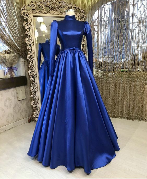 High Neck Prom Dress Royal Blue Prom Dresses Satin Prom Dresses