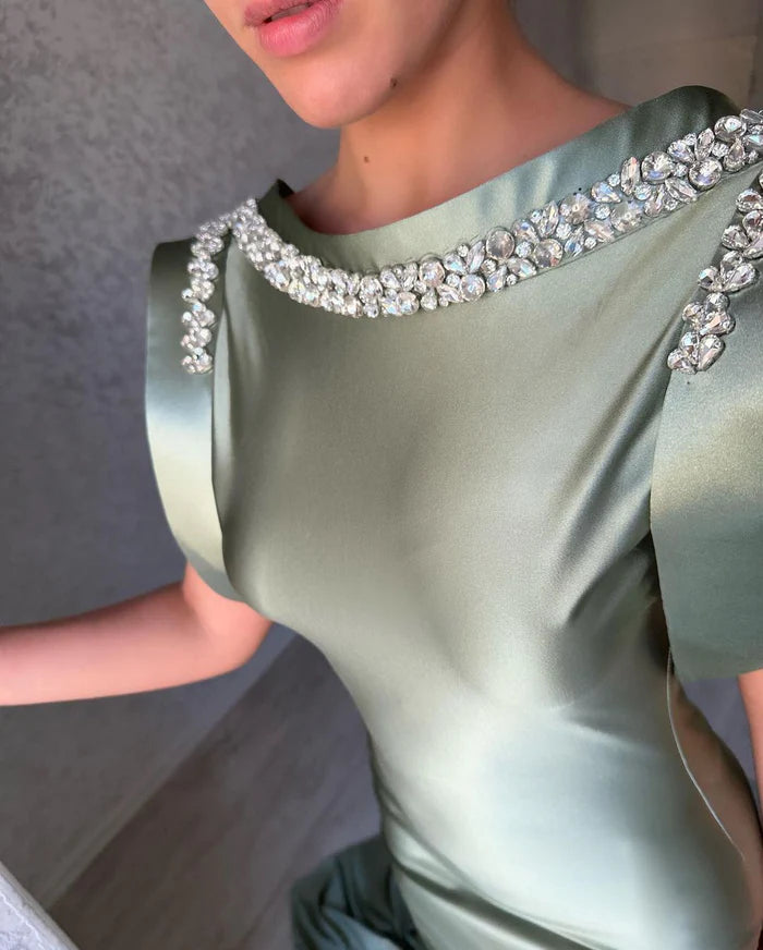 Gorgeous Long Dusty Sage Mermaid Dress Sleeveless Satin With Rhinestone Embellishments Simple gentle atmospheric and unique design