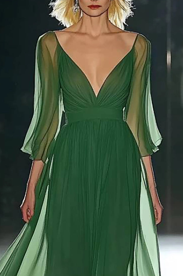 acation Dress Green Chiffon Deep V Maxi Dress Simple beautiful generous and full of charm