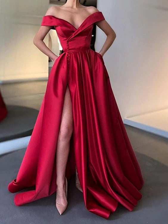 Off the Shoulder Burgundy Satin Long Prom Dresses Off Shoulder Wine Red Long Formal Evening Dresses