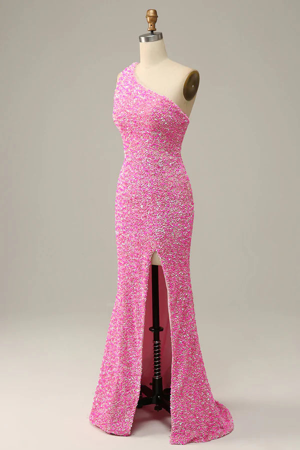 Fuchsia Sequined One Shoulder Mermaid Prom Dress With Slit Simple gentle atmospheric and unique design