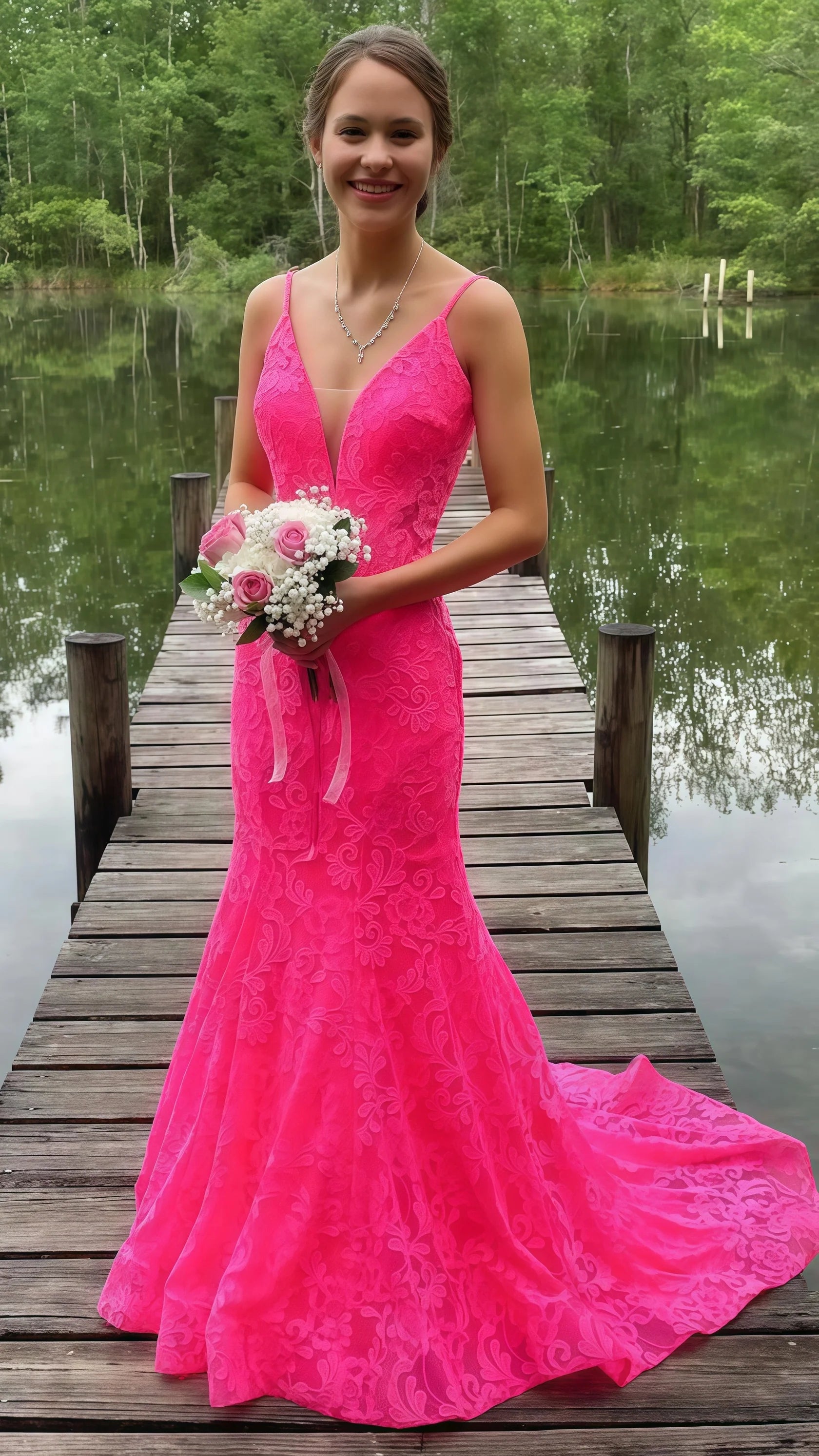 Sexy Mermaid Beautiful elegant and unique design Prom Dress Sweet Pink Lace Mermaid Long Prom Dress