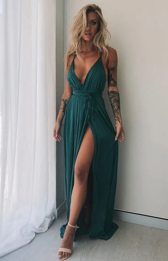 Sexy Green V-neck Sheath Long Full Length Evening Party Gown Prom Dress