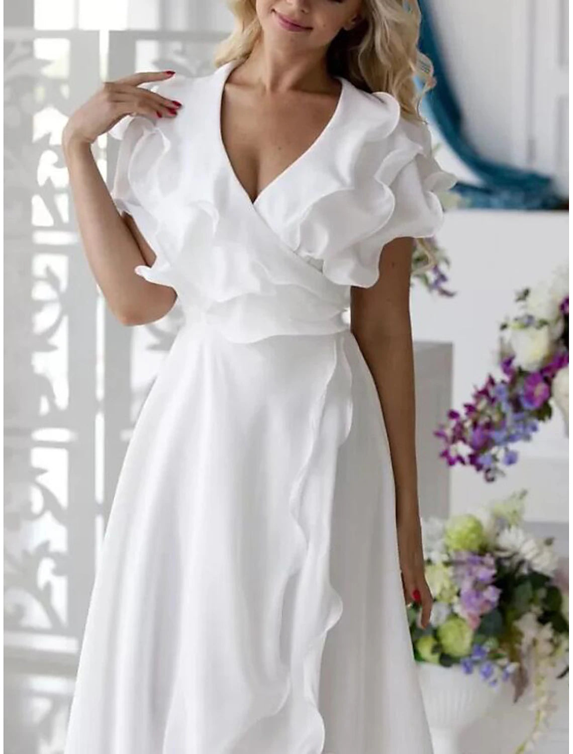 Beach Wedding A-Line Mother of the Bride Dress Wedding Guest Elegant High Low V Neck Asymmetrical Chiffon Short Sleeve with Ruffles Split Front
