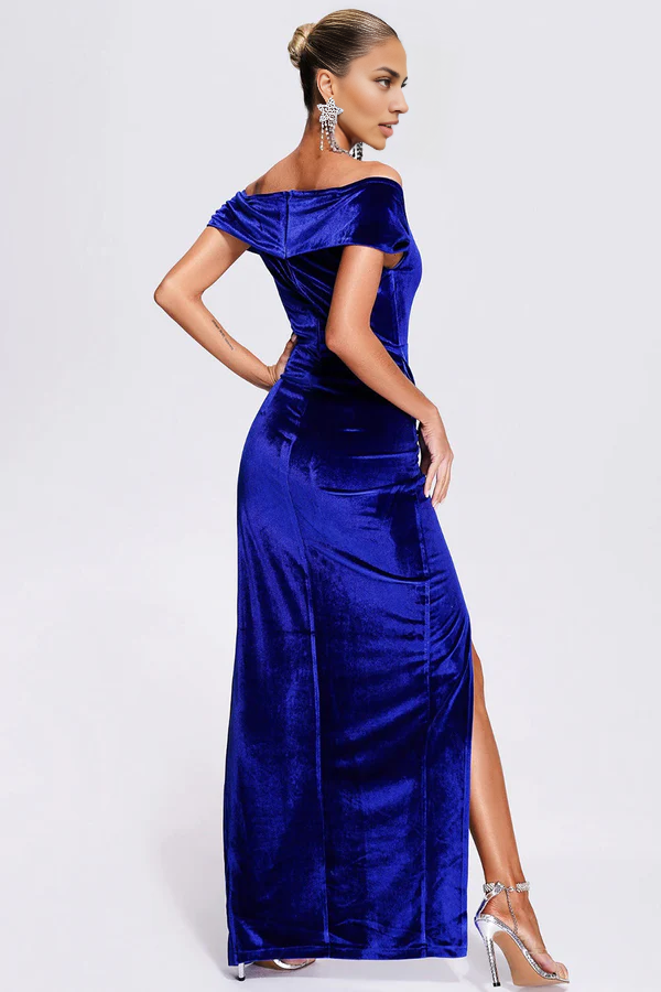 Off the Shoulder Royal Blue Velvet Holiday Party Dress with Slit simple gentle atmospheric and unique desi