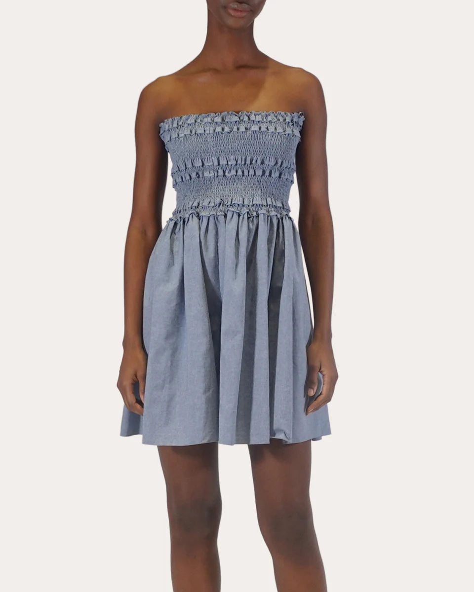 Anya Smocked Chambray Mini Dress simple gentle atmospheric and unique desi Bring summer colors to enhance whiteness
