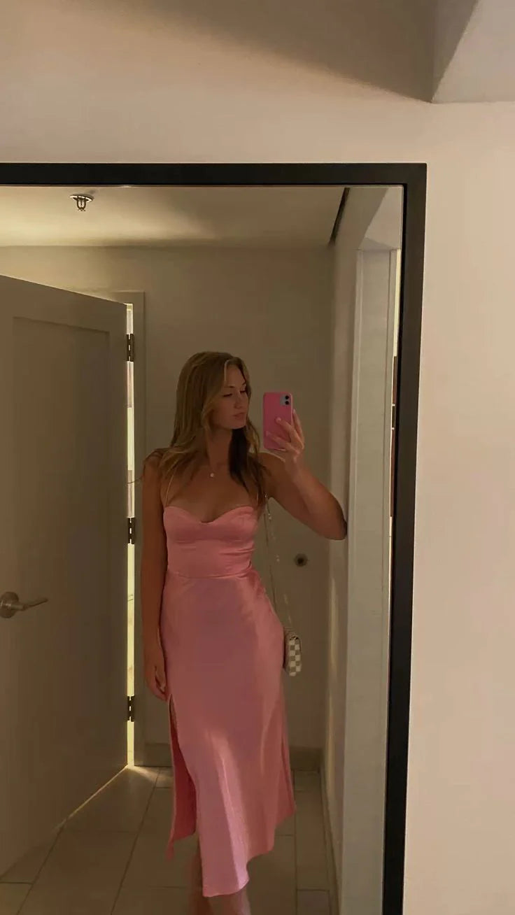 Simple Classy Sheath Pink Evening Dress With Lace-up Back