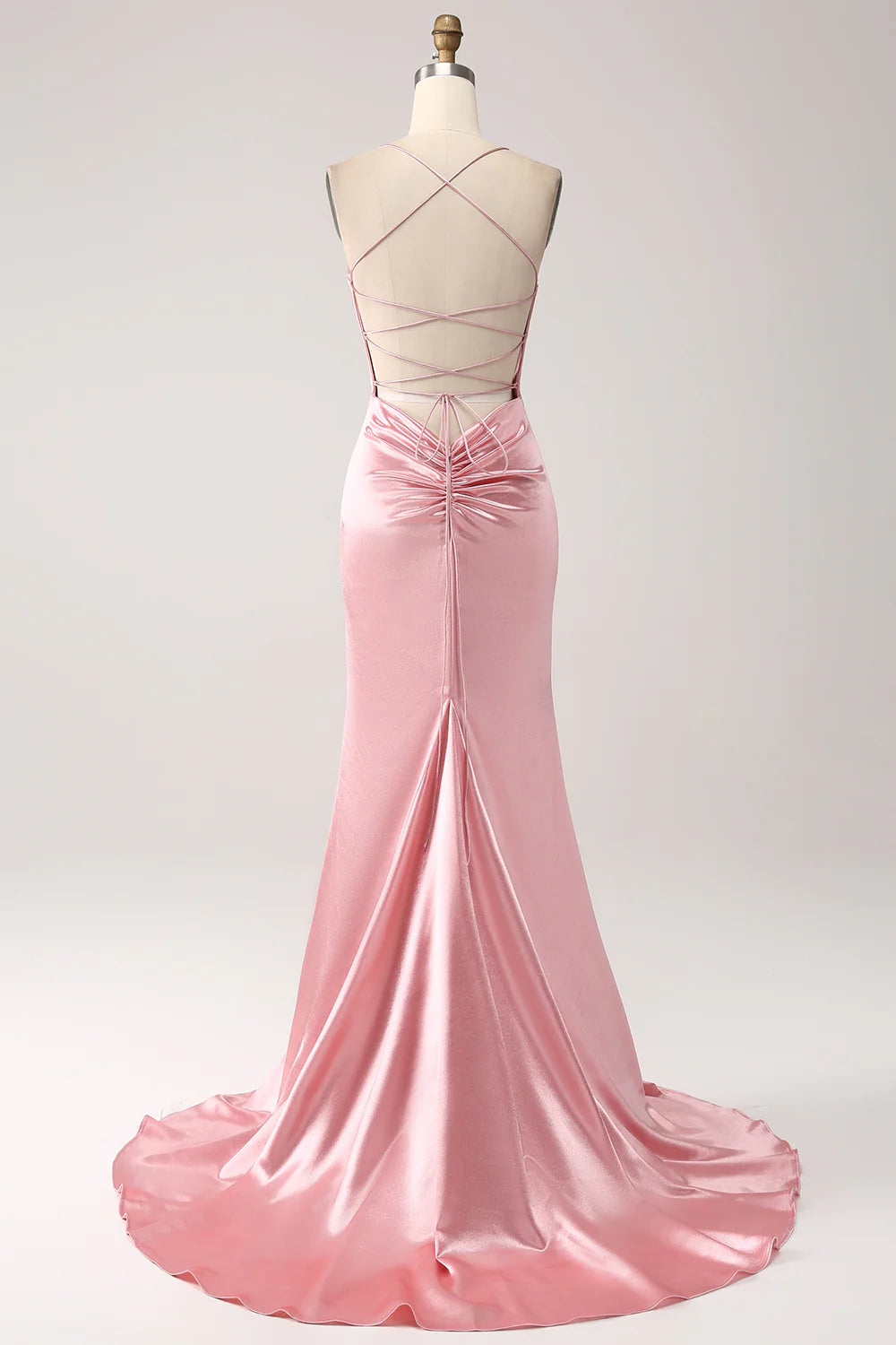 Mermaid Spaghetti Straps Pleated Backless Long Blush Prom Dress