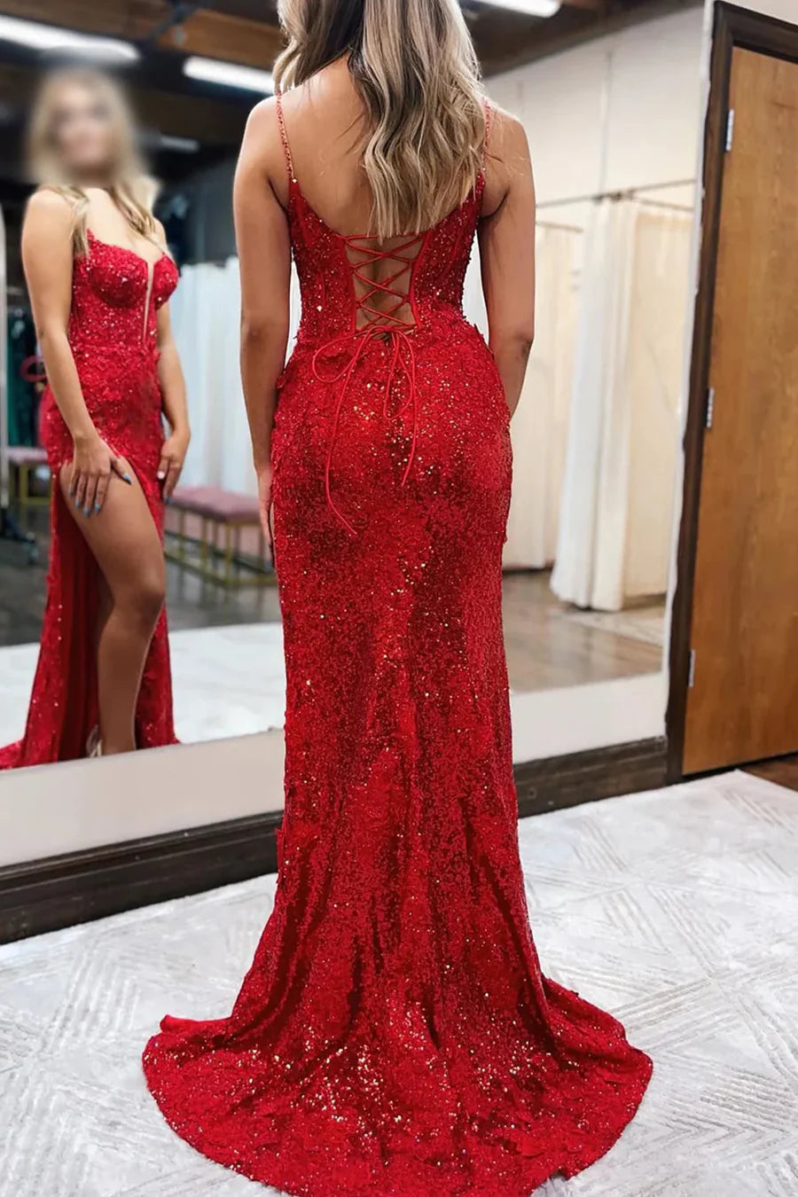Spaghetti Straps V-Neck Appliques High Slit Mermaid Long Prom Dress