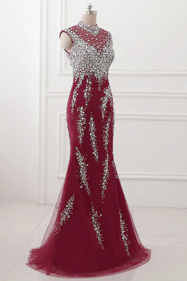 Luxury High-Neck Burgundy Mermaid Prom Dresses Sleeveless with White Rhinestones Simple gentle atmospheric and unique design