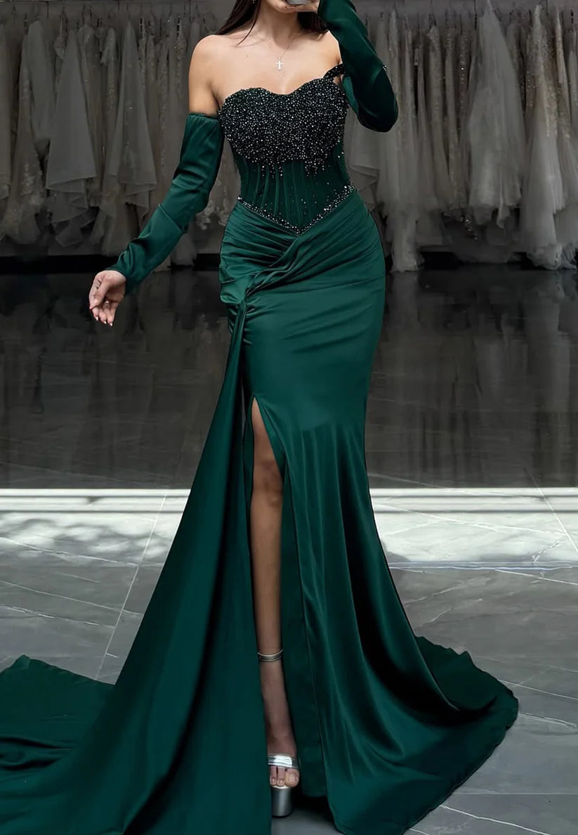 Off-Shoulder Sleeveless Beaded Ruched Fitted Mermaid Prom Dress simple gentle atmospheric and unique desi Bring summer colors to enhance whiteness