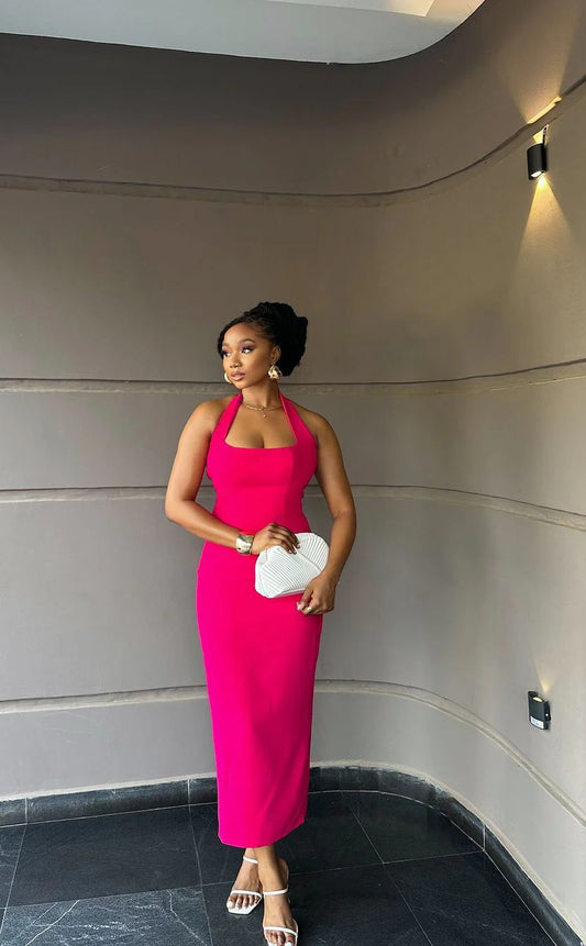 Hot Pink Women's Sleeveless Ankle Length Dress Halter Evening Gown
