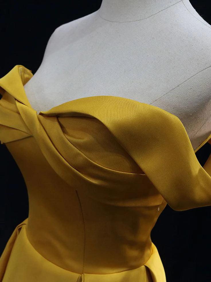 Simple Off Shoulder Yellow Satin Long Prom Dress Yellow Formal Evening Dress