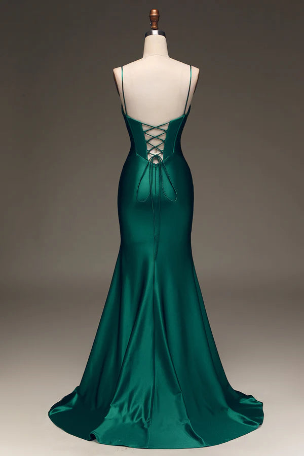 Satin Mermaid Lace-Up Back Dark Green Prom Dress with Corset Simple gentle atmospheric and unique desig