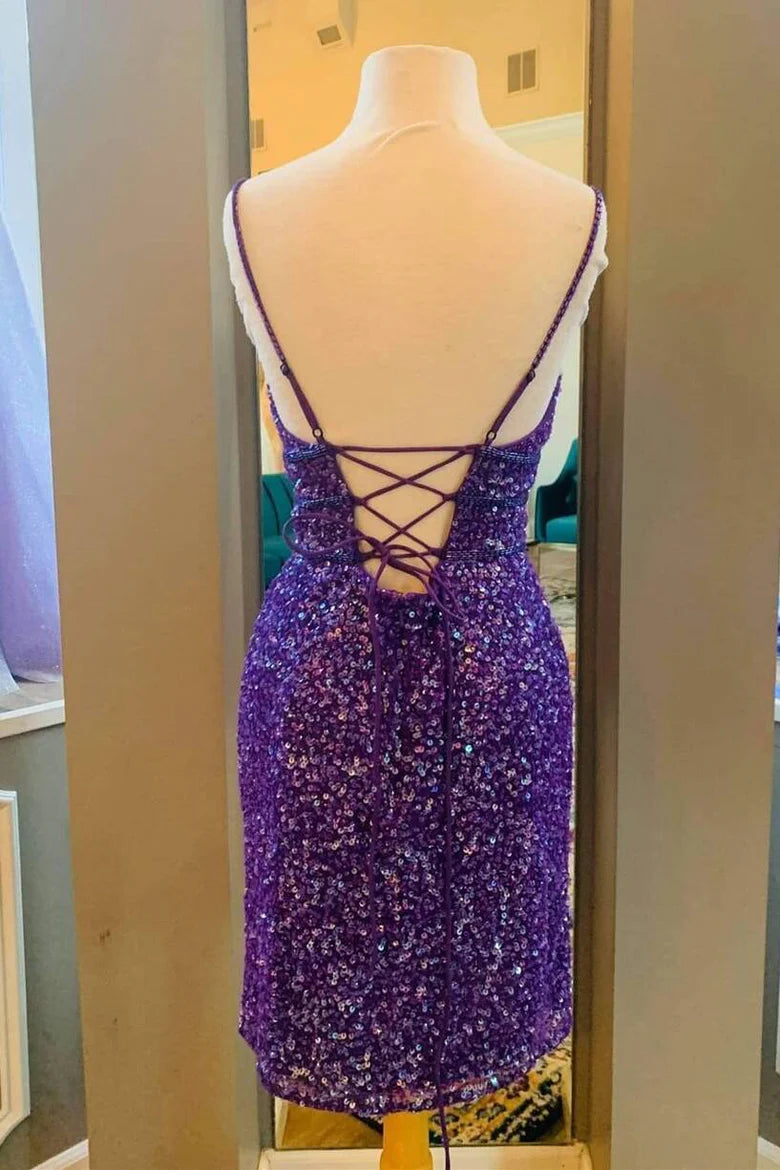 Purple Sequins Tight Short Party Dress