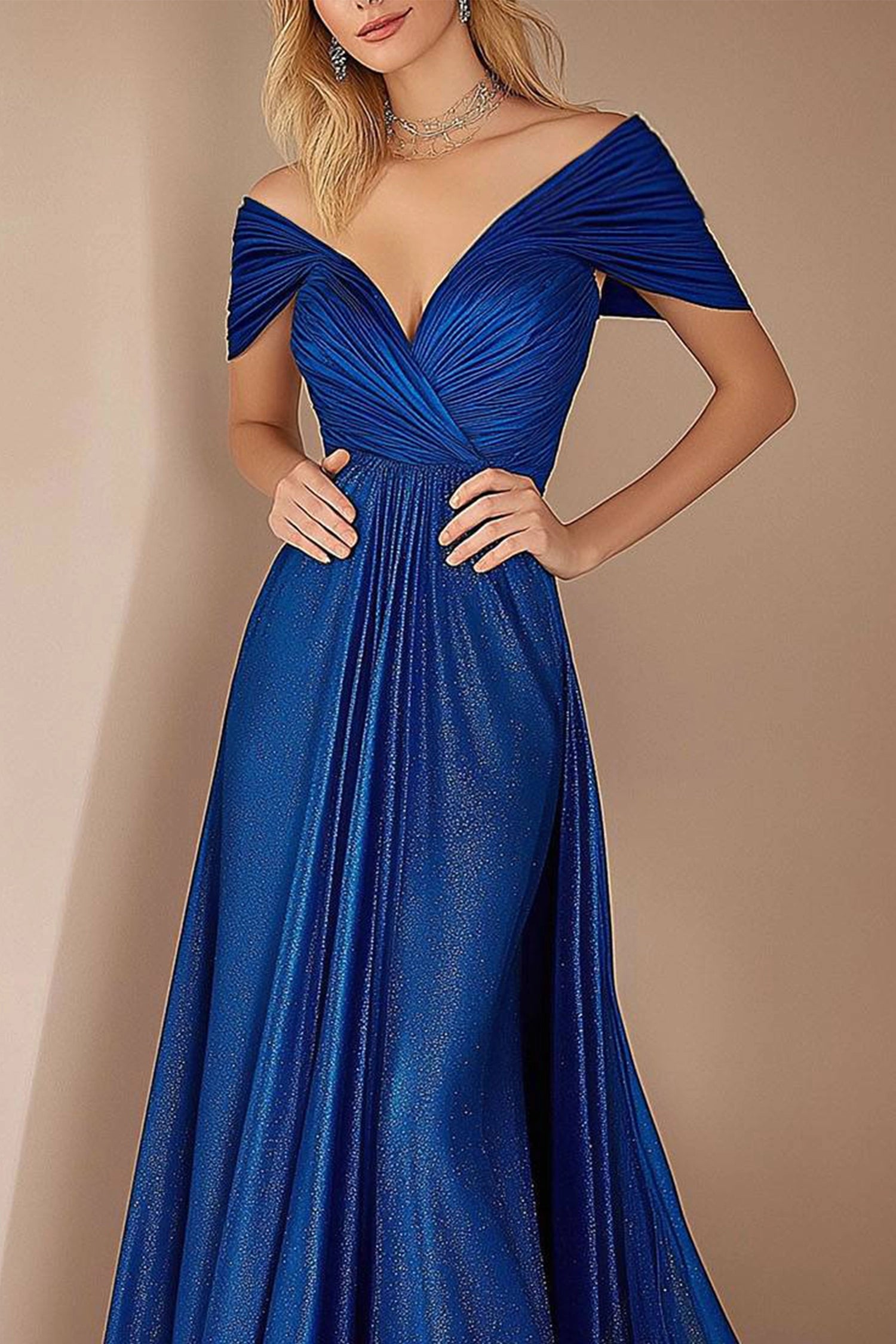 Simple beautiful generous and full of charm Evening Prom Blue Dress Off Shoulder Pleated Glitter Floor Length Dress